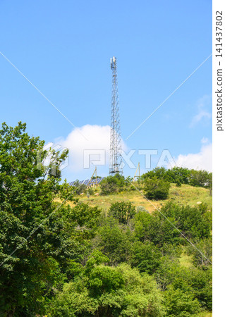 Telecom tower rises above green foliage on sunny day Telecom tower rises above green foliage on sunny day 141437802