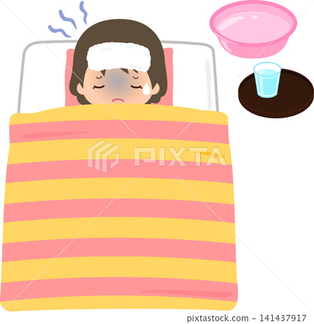 一個身體不舒服的女孩躺在床上,額頭上敷著毛巾。 一個身體不舒服的女孩躺在床上,額頭上敷著毛巾。 141437917