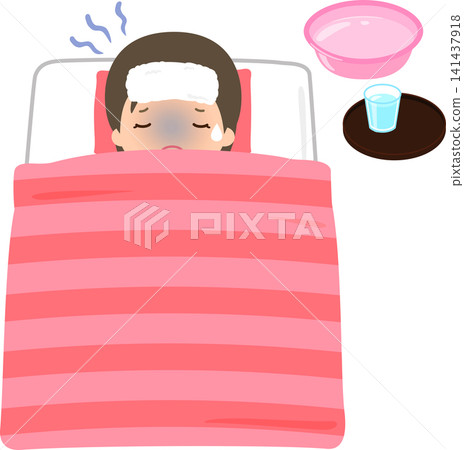 一位身體不適的女子躺在床上,額頭上敷著毛巾。 一位身體不適的女子躺在床上,額頭上敷著毛巾。 141437918