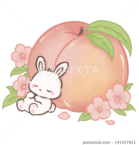 Cute Kawaii Sleeping Bunny Resting Beside Giant Japanese White Peach Surrounded by Cherry Blossoms Pastel Spring Fruit Illustration Cozy Peach Harvest Theme Cute Kawaii Sleeping Bunny Resting Beside Giant Japanese White Peach Surrounded by Cherry Blossoms Pastel Spring Fruit Illustration Cozy Peach Harvest Theme 141437921