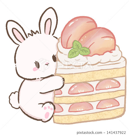 Cute Kawaii Bunny Hugging Japanese Peach Shortcake Layer Cake with Fresh Peach Slices Whipped Cream Mint Leaves and Cozy Pastel Bakery Dessert Cute Kawaii Bunny Hugging Japanese Peach Shortcake Layer Cake with Fresh Peach Slices Whipped Cream Mint Leaves and Cozy Pastel Bakery Dessert 141437922