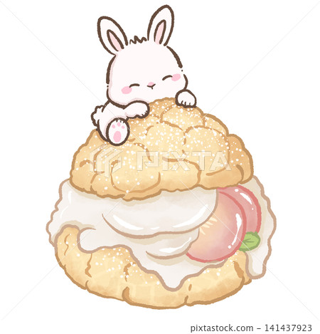 Cute Kawaii Bunny Sitting on Giant Peach Cream Puff Filled with Fresh Whipped Cream Powdered Sugar Japanese Bakery Pastry and Sweet Peach Dessert 141437923