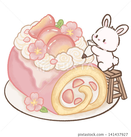 Cute Kawaii Bunny Decorating Peach Swiss Roll Cake with Fresh Peach Slices Whipped Cream Cherry Blossoms Pastel Bakery and Cozy Dessert Theme 141437927