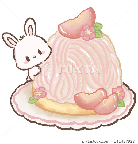 Cute Kawaii Bunny Peeking Behind Giant Peach Mont Blanc Cake with Soft Peach Cream Swirls Fresh Peach Slices Cherry Blossoms and Elegant Japanese Dessert Cute Kawaii Bunny Peeking Behind Giant Peach Mont Blanc Cake with Soft Peach Cream Swirls Fresh Peach Slices Cherry Blossoms and Elegant Japanese Dessert 141437928