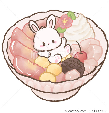 Cute Kawaii Bunny Sitting in Peach Kakigori Shaved Ice with Fresh Peach Slices Whipped Cream Mochi Jelly and Japanese Summer Dessert 141437935