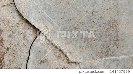 A severely cracked concrete surface with moss-filled crevices. A severely cracked concrete surface with moss-filled crevices. 141437959