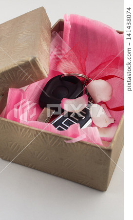 Car remote control key and metal key with keyring presented as gift inside textured brown box with pink tissue paper, red ribbon, and delicate rose petals on white background, vertical photo Car remote control key and metal key with keyring presented as gift inside textured brown box with pink tissue paper, red ribbon, and delicate rose petals on white background, vertical photo 141438074