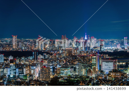 東京的夜景全景,西新宿的摩天大樓,包括東京都廳和Docomo大廈,燈火輝煌。 東京的夜景全景,西新宿的摩天大樓,包括東京都廳和Docomo大廈,燈火輝煌。 141438699