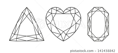 Heart, Radiant, Trillion diamond cut shape icon set. Precious gemstone sample for jewellery design, branding, packaging, logo, web, app. Brilliant Heart, Phoenix Radiant, Triangular cut pattern. Heart, Radiant, Trillion diamond cut shape icon set. Precious gemstone sample for jewellery design, branding, packaging, logo, web, app. Brilliant Heart, Phoenix Radiant, Triangular cut pattern. 141438842