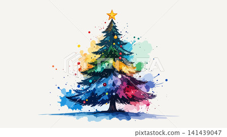 Christmas tree creating watercolor paint splatters on white Christmas tree creating watercolor paint splatters on white 141439047