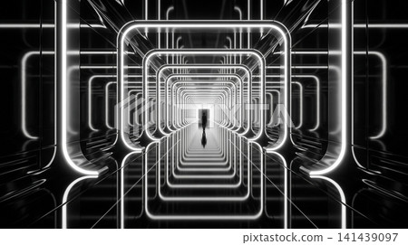 Lone silhouette walking through futuristic corridor with glowing rectangular light arches with symmetrical futuristic tunnel displays solitary silhouette Lone silhouette walking through futuristic corridor with glowing rectangular light arches with symmetrical futuristic tunnel displays solitary silhouette 141439097