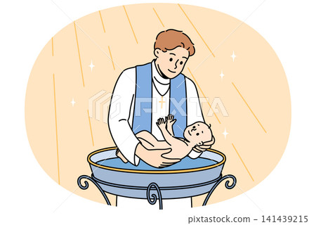 Ritual of baptism for baby is carried out by priest, dipping newborn into holy water inside church Ritual of baptism for baby is carried out by priest, dipping newborn into holy water inside church 141439215