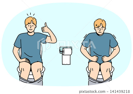 Diarrhea or constipation in man sitting on toilet and in pain, or showing thumbs up 141439218