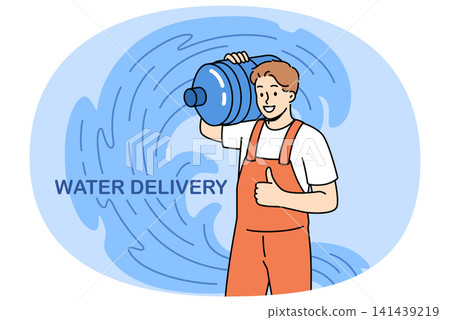 Water delivery man with large bottle on shoulder shows thumbs up and looks at screen 141439219