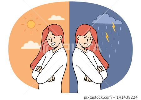 Emotional swing of woman who feels angry during rain and rejoices after sun comes out Emotional swing of woman who feels angry during rain and rejoices after sun comes out 141439224