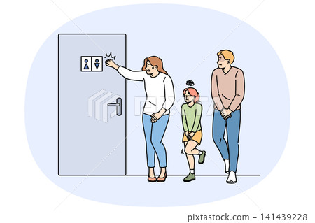 Line to toilet from family who had eaten expired food, standing near door to restroom 141439228
