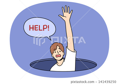 Man fallen into hole screams for help and raises hand, for concept of panic attack and helplessness Man fallen into hole screams for help and raises hand, for concept of panic attack and helplessness 141439250