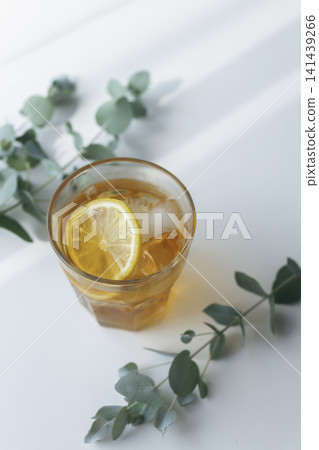Lemon iced tea and eucalyptus - a summer image with copy space. Lemon iced tea and eucalyptus - a summer image with copy space. 141439266