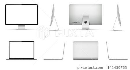 Realistic computer display mockup with laptop mockup different angles views isolated on white background Realistic computer display mockup with laptop mockup different angles views isolated on white background 141439763