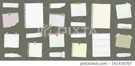 Sticky notes and paper sheets for reminders. Realistic note papers with pin and adhesive tape isolated on transparent background 141439767