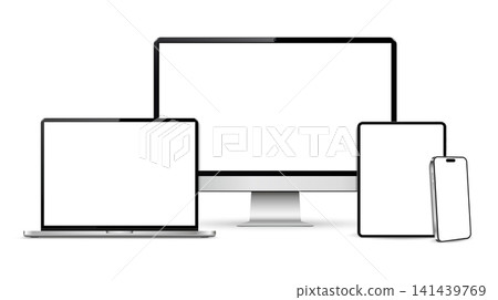 Realistic vector digital tablet, smart phone, laptop and computer monitor. Modern digital devices mockup isolated on white background Realistic vector digital tablet, smart phone, laptop and computer monitor. Modern digital devices mockup isolated on white background 141439769