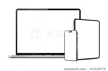 Modern laptop front view, tablet pc and mobile phone isolated on white background Modern laptop front view, tablet pc and mobile phone isolated on white background 141439774