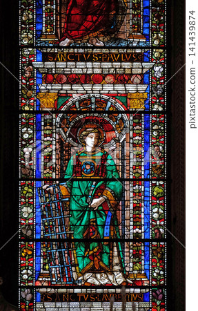 Saint Lawrence of Rome, stained glass window in Santa Maria Novella Principal Dominican church in Florence, Italy Saint Lawrence of Rome, stained glass window in Santa Maria Novella Principal Dominican church in Florence, Italy 141439874