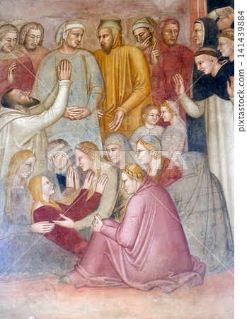 Miracle of the saint, detail from St Peter of Verona preaching, fresco by Andrea di Bonaiuto, Spanish Chapel in Santa Maria Novella Principal Dominican church in Florence, Italy Miracle of the saint, detail from St Peter of Verona preaching, fresco by Andrea di Bonaiuto, Spanish Chapel in Santa Maria Novella Principal Dominican church in Florence, Italy 141439884