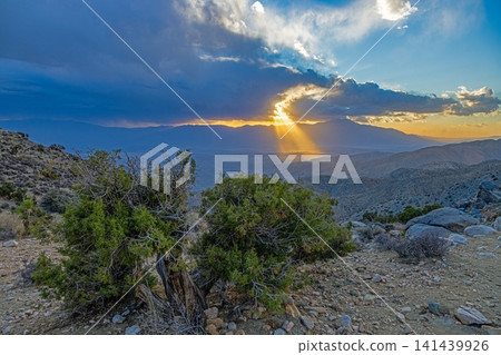 Sun rays over mountains in Joshua Tree National Park California Sun rays over mountains in Joshua Tree National Park California 141439926