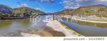 Aerial Panorama of Pfalzgrafenstein Castle on the Rhine River Germany 141439953