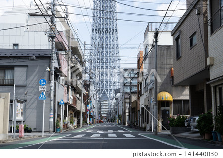 View of Tokyo Skytree from a street in a downtown residential area. 141440030