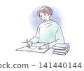 一幅水彩風格的插圖，描繪了一個男孩打開筆記本，因為不理解學習內容而感到困惑和沮喪。 141440144