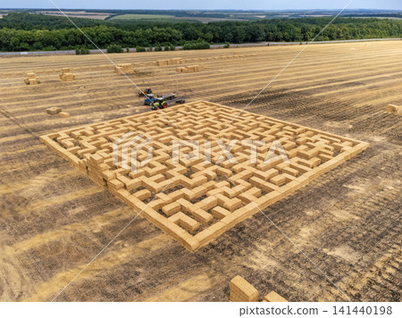 Aerial Hay Bale Maze on Harvested Wheat Field Aerial Hay Bale Maze on Harvested Wheat Field 141440198