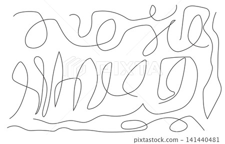 Continuous black line drawing featuring chaotic tangled shapes on simple white background. Continuous black line drawing featuring chaotic tangled shapes on simple white background. 141440481