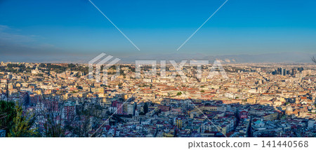 Naples, italy. December 30, 2024. Naples, italy, panoramic view from capodimonte over the sprawling urban landscape under a clear blue sky 141440568