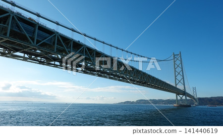 從下方俯瞰一座巨大的懸索橋。 141440619