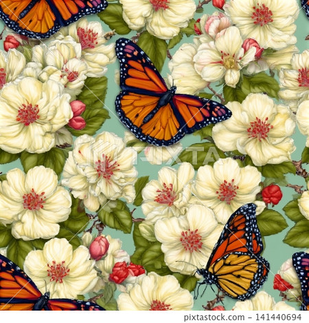 Bright butterflies on white flowers.Vector seamless pattern with white flowers and beautiful butterflies on a colored background. Bright butterflies on white flowers.Vector seamless pattern with white flowers and beautiful butterflies on a colored background. 141440694
