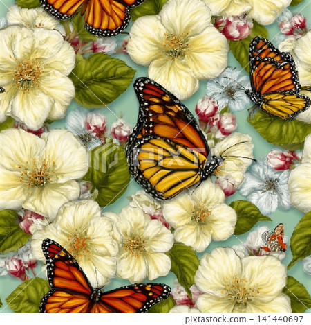 Bright butterflies on white flowers.Vector seamless pattern with white flowers and beautiful butterflies on a colored background. 141440697