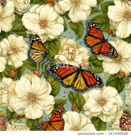 Bright butterflies on white flowers.Vector seamless pattern with white flowers and beautiful butterflies on a colored background. Bright butterflies on white flowers.Vector seamless pattern with white flowers and beautiful butterflies on a colored background. 141440698
