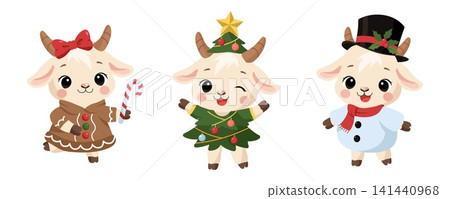Cute Christmas goat character set in winter holiday costumes flat vector illustration Cute Christmas goat character set in winter holiday costumes flat vector illustration 141440968