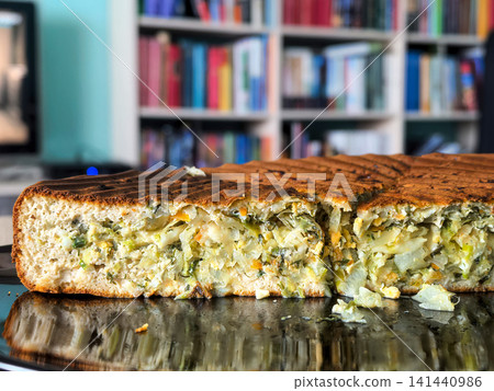 Cross Section of Homemade Keto Cabbage Pie Filling Cross Section of Homemade Keto Cabbage Pie Filling 141440986