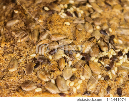 Macro View of Keto Bread Crust with Mixed Seeds Macro View of Keto Bread Crust with Mixed Seeds 141441074