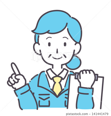 Simple illustration of a senior woman in work clothes pointing at documents in one hand. Variations available. Simple illustration of a senior woman in work clothes pointing at documents in one hand. Variations available. 141441479