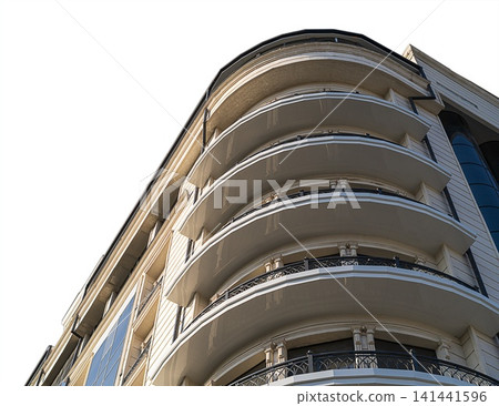 Bottom view of multi-storey building with round corner, panoramic balconies with 270-degree view on transparent background with clipped path. Architectural elements in modern urban planning, building 141441596
