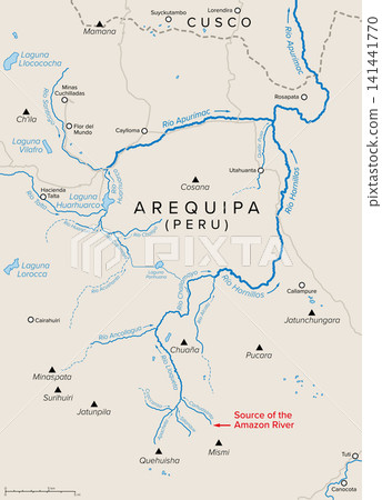 Source of the Amazon River in Peru, political map. The Amazon River originates in a glacial region in the Peruvian Andes. Its most distant source is the Carhuasanta stream at Nevado Mismi. Vector Source of the Amazon River in Peru, political map. The Amazon River originates in a glacial region in the Peruvian Andes. Its most distant source is the Carhuasanta stream at Nevado Mismi. Vector 141441770