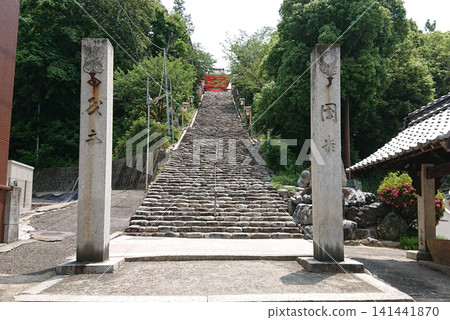 The stone steps and vermilion gate of Isaniwa Shrine, surrounded by fresh greenery. 141441870