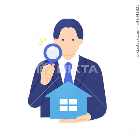 A male real estate agent inspecting a house model with a magnifying glass; upper body vector illustration. A male real estate agent inspecting a house model with a magnifying glass; upper body vector illustration. 141441925