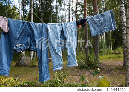 A row of blue denim jeans,skirt and casual clothes hang on a clothesline stretched between trees, while air drying in a serene forest in Finland. A row of blue denim jeans,skirt and casual clothes hang on a clothesline stretched between trees, while air drying in a serene forest in Finland. 141441931