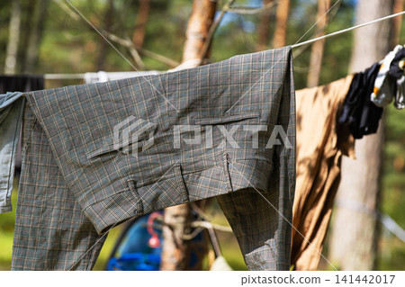 Clothes air drying on a laundry line strung between trees in a sunny forest Clothes air drying on a laundry line strung between trees in a sunny forest 141442017