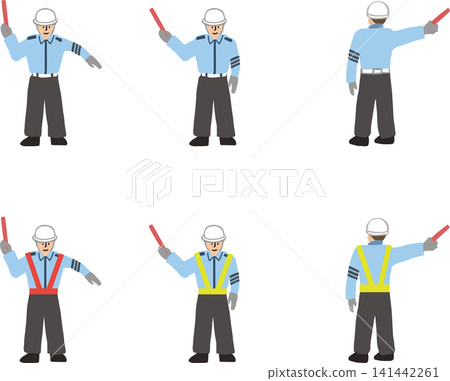 A set of illustrations of security guards directing traffic. A set of illustrations of security guards directing traffic. 141442261
